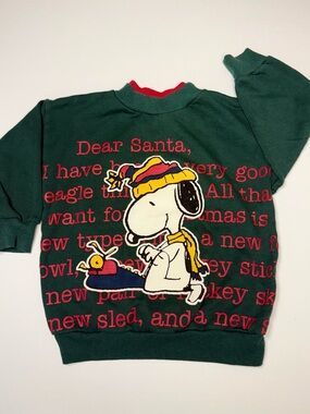 VTG Snoopy Dear Santa Christmas Sweatshirt in Green Toddler 3T- 80s 90s Peanuts
